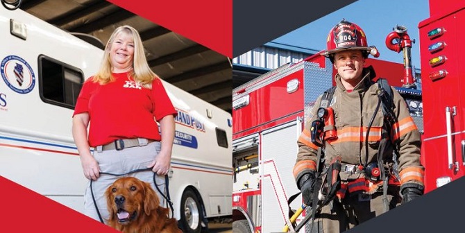 Dr. Joan Brehm, with her K9 dog, and Ian Bruckner with the Lexington Fire Department.