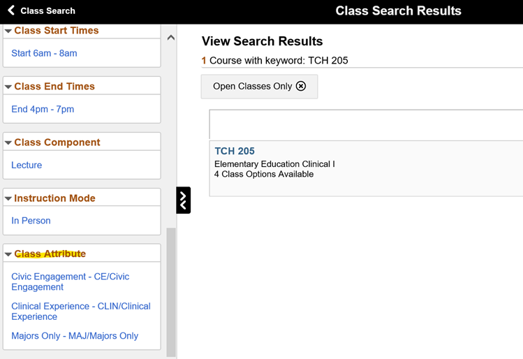 screenshot of the course catalog system